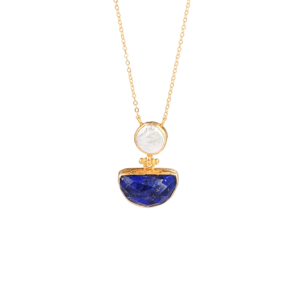 Kette aus Messing vergoldet, Lapislazuli + Barockperle